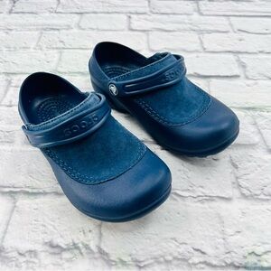 CROCS Troika Womans Size 5 / Kids 3 Dark Blue Suede Clogs Mules Comfort Casual